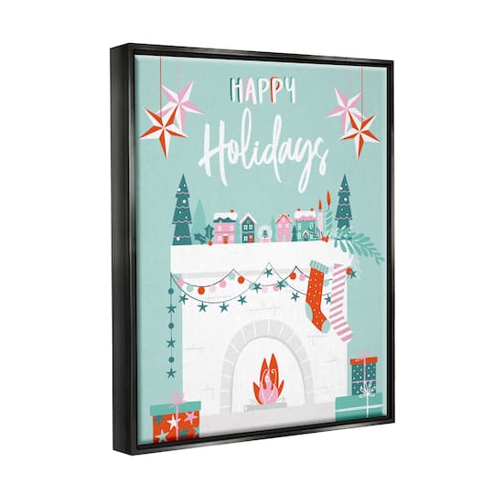 Stupell Industries Happy Holidays Festive Mantel Stockings Framed Floater Canvas Wall Art